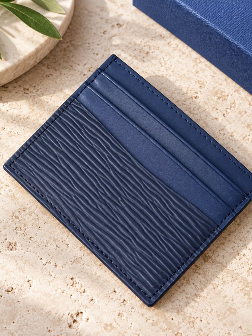 Navy Blue Slim Card Holder Textured Front Minimalist Wallet